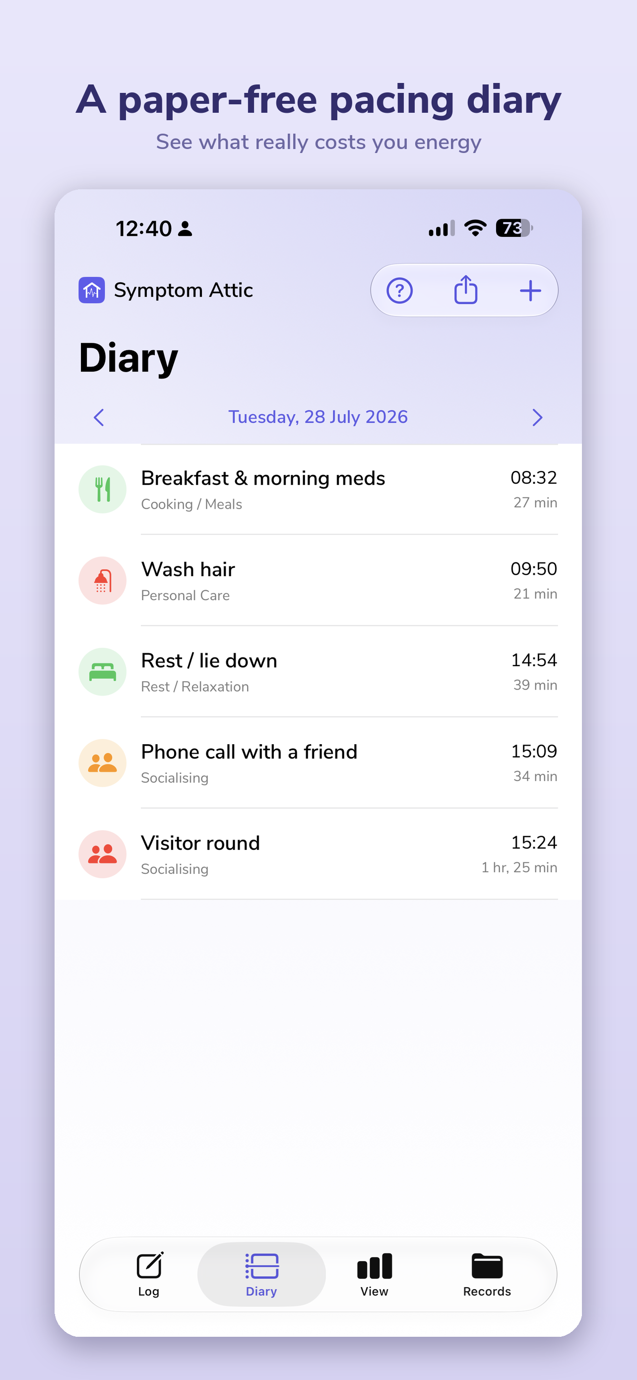 A paper-free pacing diary — see what really costs you energy